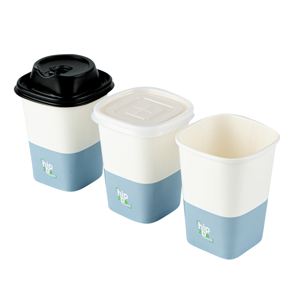 Hip 2 Be Square 12 oz White and Blue Paper Hot / Cold Drinking Cup - Single Wall - 3 1/4" x 3 1/4" x 4 1/4" - 500 count box