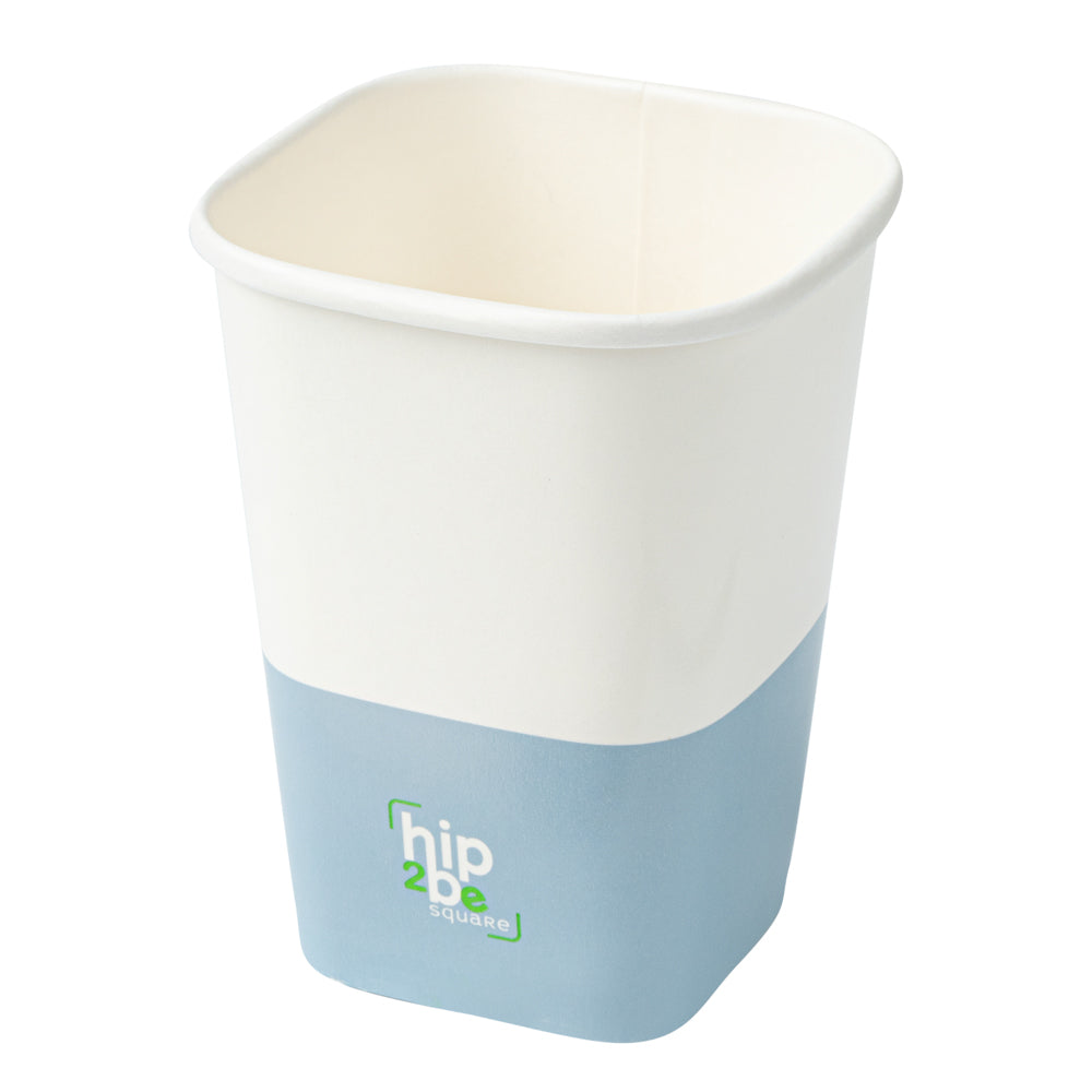 Hip 2 Be Square 12 oz White and Blue Paper Hot / Cold Drinking Cup - Single Wall - 3 1/4" x 3 1/4" x 4 1/4" - 500 count box