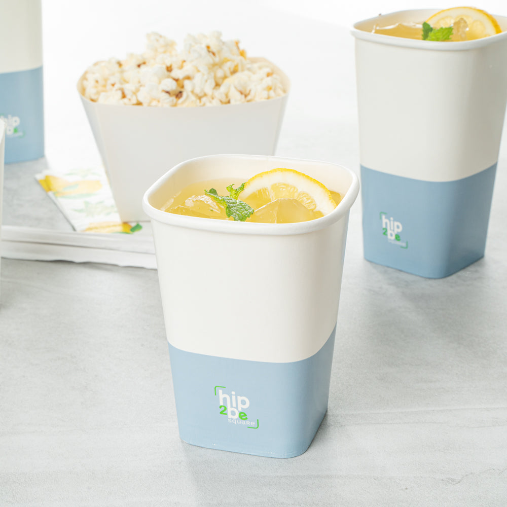 Hip 2 Be Square 12 oz White and Blue Paper Hot / Cold Drinking Cup - Single Wall - 3 1/4" x 3 1/4" x 4 1/4" - 500 count box