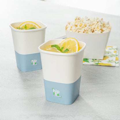 Hip 2 Be Square 12 oz White and Blue Paper Hot / Cold Drinking Cup - Single Wall - 3 1/4" x 3 1/4" x 4 1/4" - 500 count box
