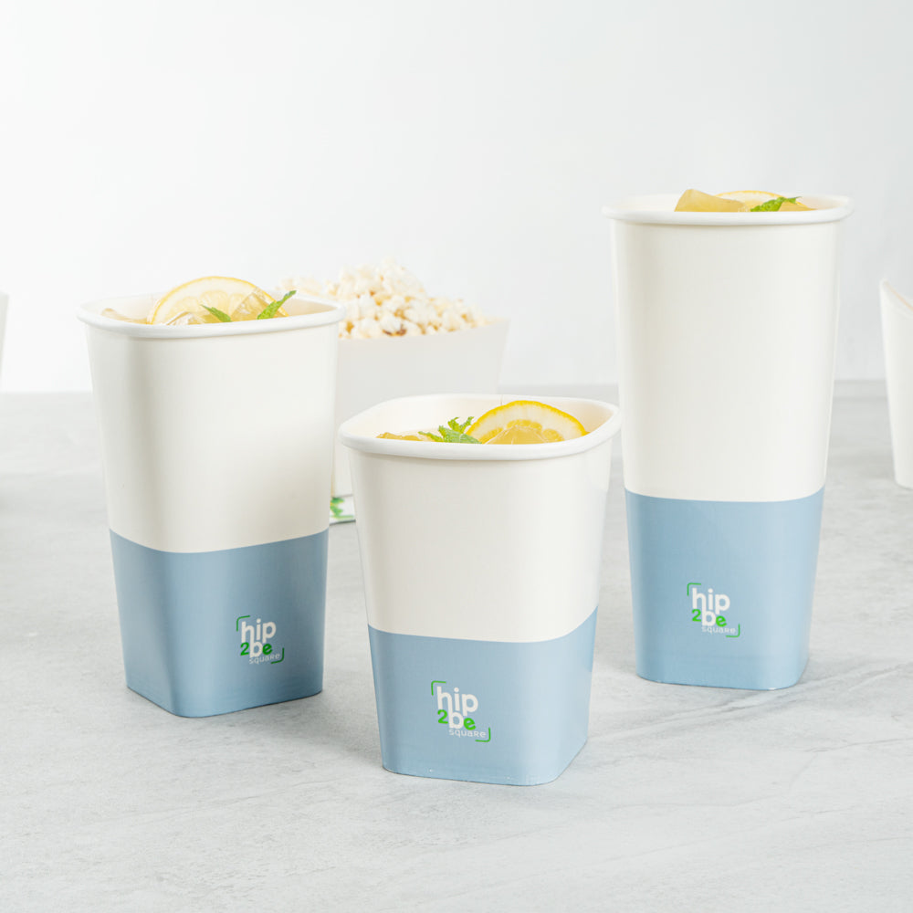 Hip 2 Be Square 12 oz White and Blue Paper Hot / Cold Drinking Cup - Single Wall - 3 1/4" x 3 1/4" x 4 1/4" - 500 count box