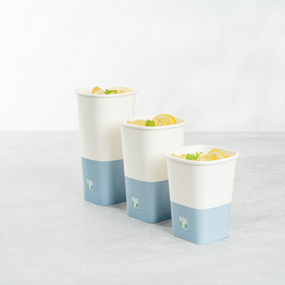 Hip 2 Be Square 12 oz White and Blue Paper Hot / Cold Drinking Cup - Single Wall - 3 1/4" x 3 1/4" x 4 1/4" - 500 count box