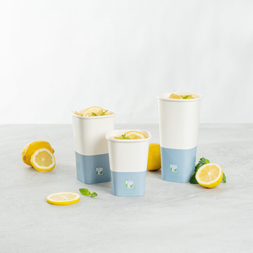 Hip 2 Be Square 12 oz White and Blue Paper Hot / Cold Drinking Cup - Single Wall - 3 1/4" x 3 1/4" x 4 1/4" - 500 count box