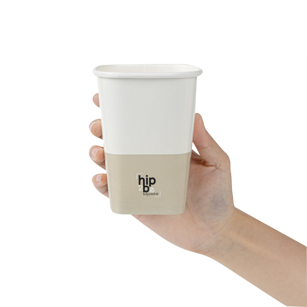 Hip 2 Be Square 12 oz White and Taupe Paper Hot / Cold Drinking Cup - Single Wall - 3 1/4" x 3 1/4" x 4 1/4" - 25 count box