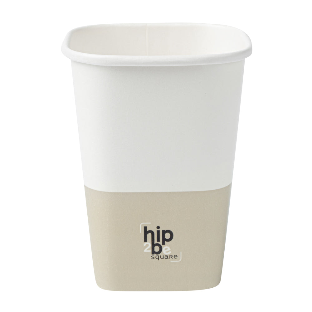 Hip 2 Be Square 12 oz White and Taupe Paper Hot / Cold Drinking Cup - Single Wall - 3 1/4" x 3 1/4" x 4 1/4" - 25 count box