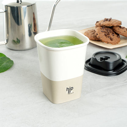 Hip 2 Be Square 12 oz White and Taupe Paper Hot / Cold Drinking Cup - Single Wall - 3 1/4" x 3 1/4" x 4 1/4" - 25 count box