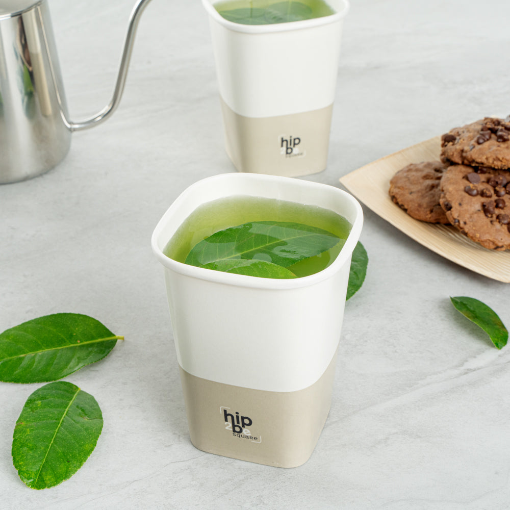 Hip 2 Be Square 12 oz White and Taupe Paper Hot / Cold Drinking Cup - Single Wall - 3 1/4" x 3 1/4" x 4 1/4" - 25 count box