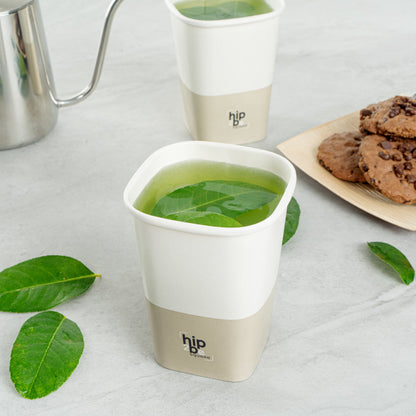 Hip 2 Be Square 12 oz White and Taupe Paper Hot / Cold Drinking Cup - Single Wall - 3 1/4" x 3 1/4" x 4 1/4" - 25 count box