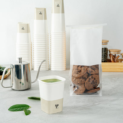 Hip 2 Be Square 12 oz White and Taupe Paper Hot / Cold Drinking Cup - Single Wall - 3 1/4" x 3 1/4" x 4 1/4" - 25 count box