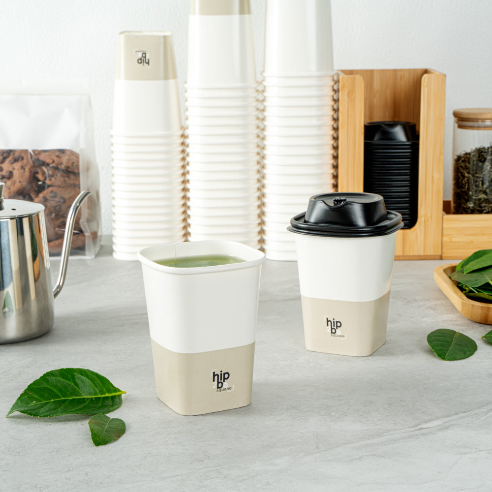 Hip 2 Be Square 12 oz White and Taupe Paper Hot / Cold Drinking Cup - Single Wall - 3 1/4" x 3 1/4" x 4 1/4" - 25 count box