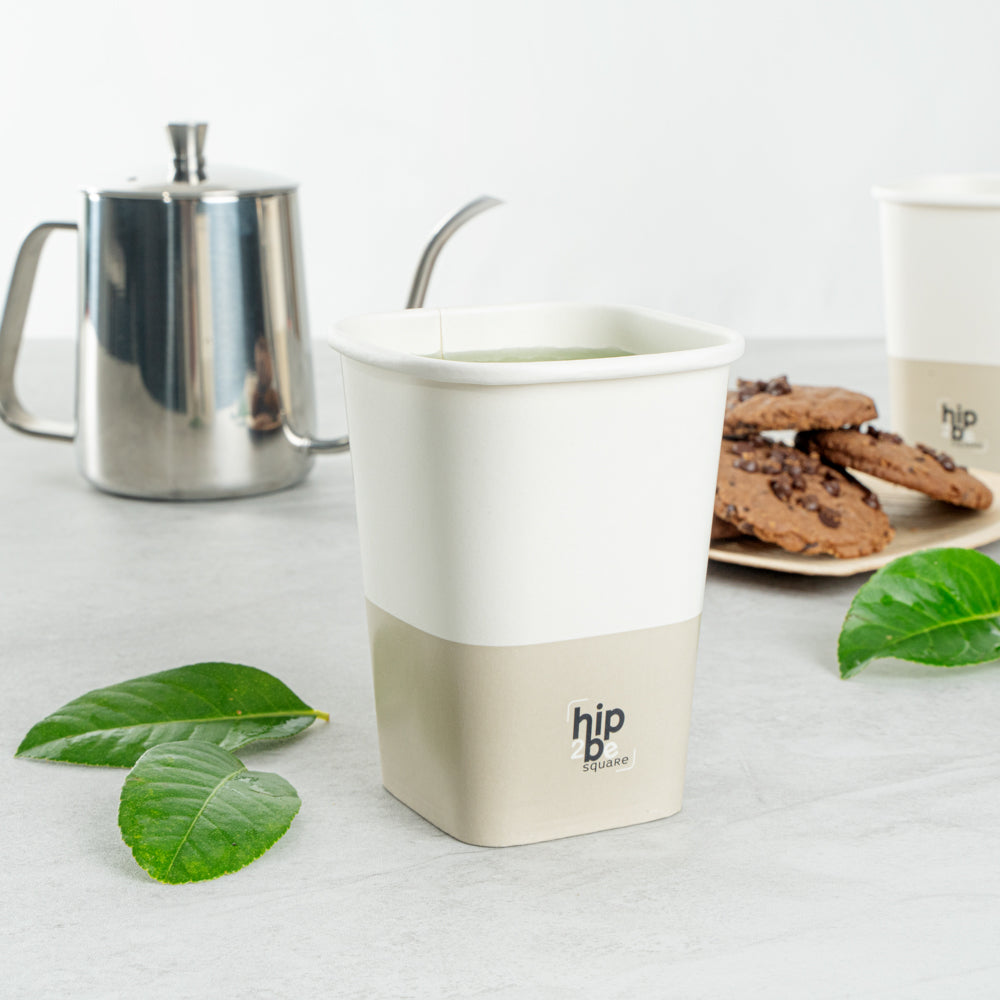 Hip 2 Be Square 12 oz White and Taupe Paper Hot / Cold Drinking Cup - Single Wall - 3 1/4" x 3 1/4" x 4 1/4" - 500 count box