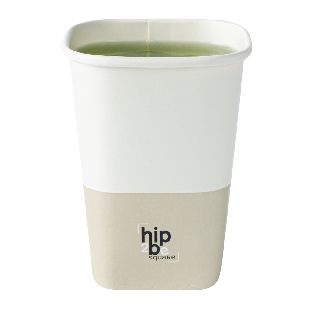 Hip 2 Be Square 12 oz White and Taupe Paper Hot / Cold Drinking Cup - Single Wall - 3 1/4" x 3 1/4" x 4 1/4" - 500 count box