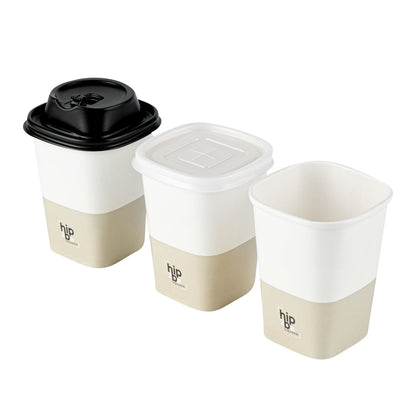 Hip 2 Be Square 12 oz White and Taupe Paper Hot / Cold Drinking Cup - Single Wall - 3 1/4" x 3 1/4" x 4 1/4" - 500 count box