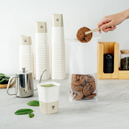 Hip 2 Be Square 12 oz White and Taupe Paper Hot / Cold Drinking Cup - Single Wall - 3 1/4" x 3 1/4" x 4 1/4" - 500 count box