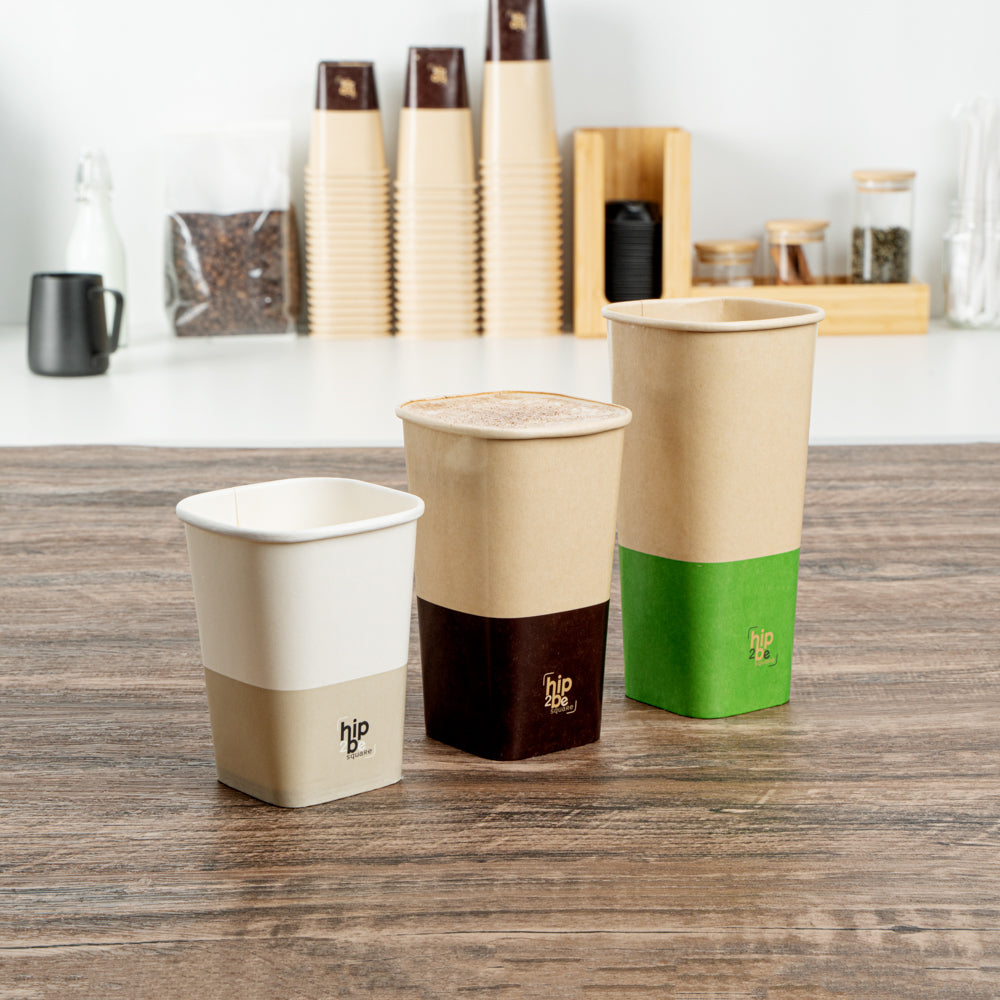 Hip 2 Be Square 16 oz Kraft and Brown Paper Hot / Cold Drinking Cup - Single Wall - 3 1/4" x 3 1/4" x 5 1/2" - 25 count box