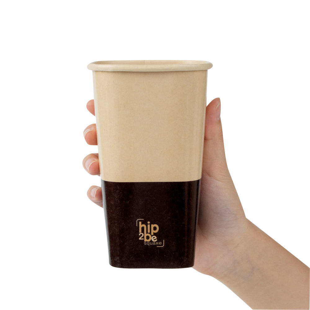 Hip 2 Be Square 16 oz Kraft and Brown Paper Hot / Cold Drinking Cup - Single Wall - 3 1/4" x 3 1/4" x 5 1/2" - 500 count box
