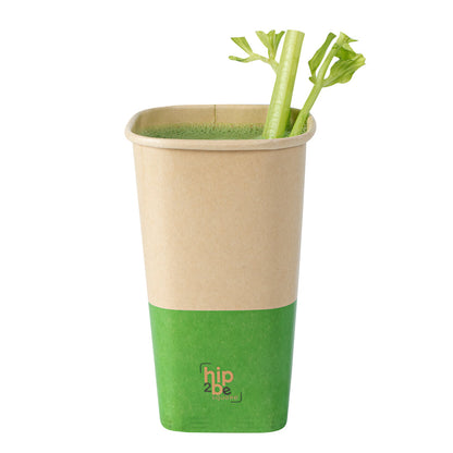 Hip 2 Be Square 16 oz Kraft and Green Paper Hot / Cold Drinking Cup - Single Wall - 3 1/4" x 3 1/4" x 5 1/2" - 25 count box