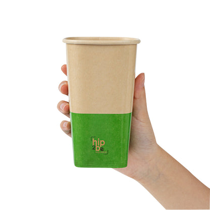 Hip 2 Be Square 16 oz Kraft and Green Paper Hot / Cold Drinking Cup - Single Wall - 3 1/4" x 3 1/4" x 5 1/2" - 25 count box