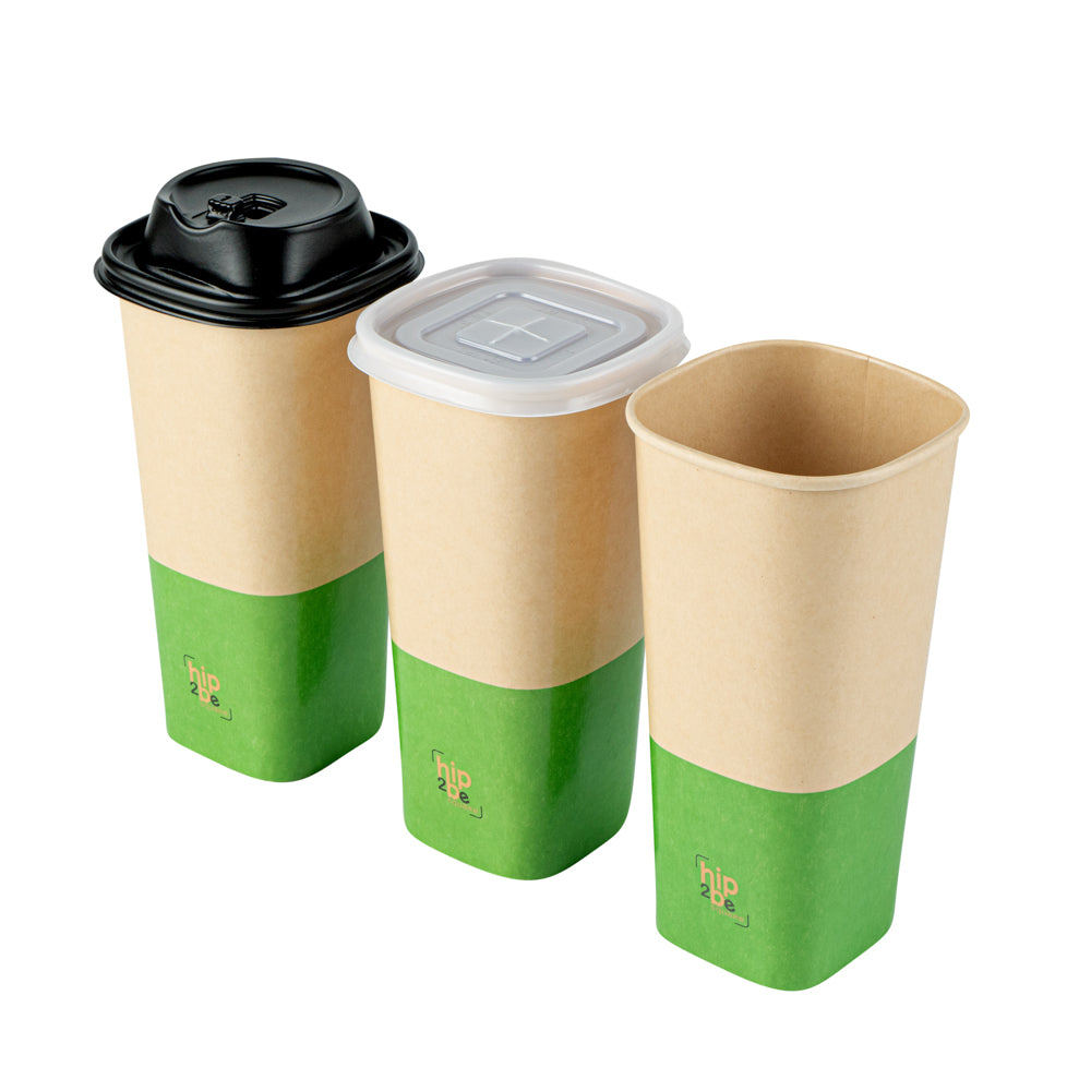 Hip 2 Be Square 16 oz Kraft and Green Paper Hot / Cold Drinking Cup - Single Wall - 3 1/4" x 3 1/4" x 5 1/2" - 25 count box