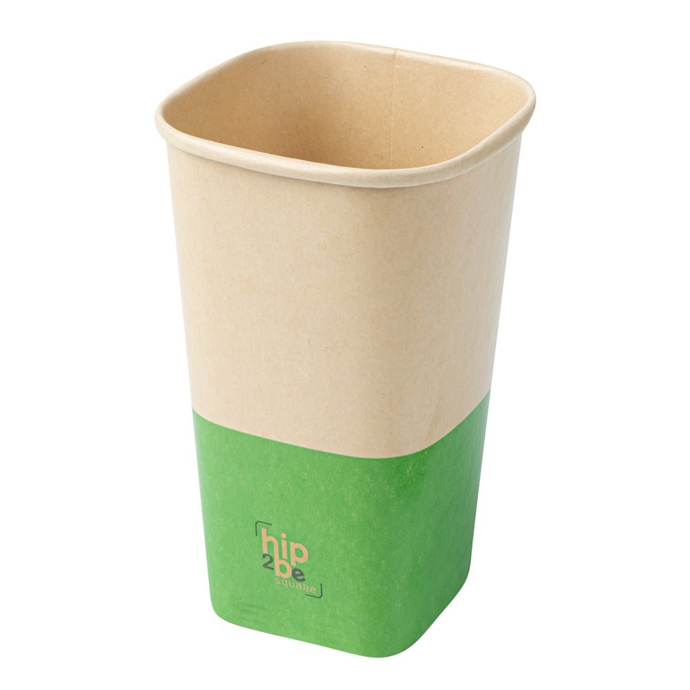 Hip 2 Be Square 16 oz Kraft and Green Paper Hot / Cold Drinking Cup - Single Wall - 3 1/4" x 3 1/4" x 5 1/2" - 25 count box
