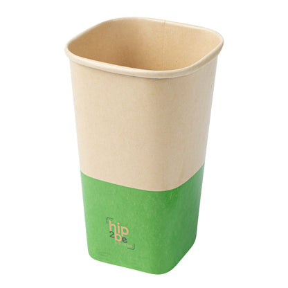 Hip 2 Be Square 16 oz Kraft and Green Paper Hot / Cold Drinking Cup - Single Wall - 3 1/4" x 3 1/4" x 5 1/2" - 25 count box