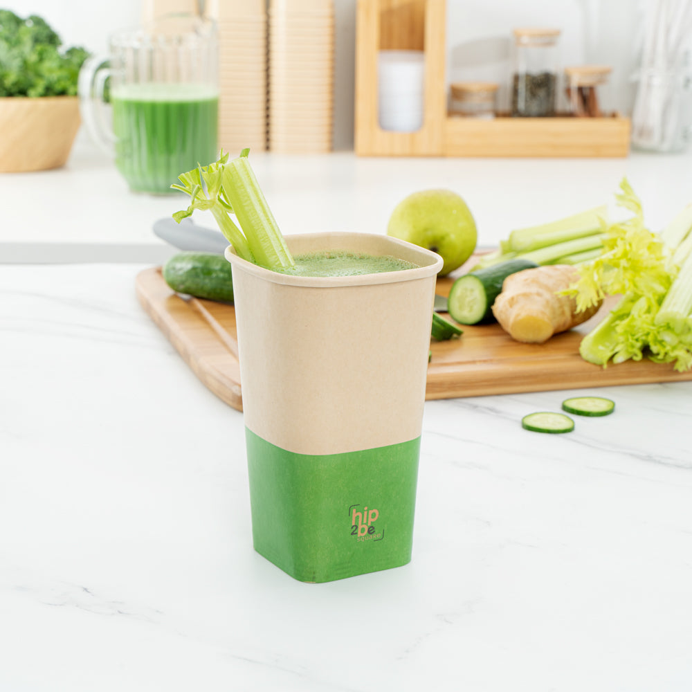 Hip 2 Be Square 16 oz Kraft and Green Paper Hot / Cold Drinking Cup - Single Wall - 3 1/4" x 3 1/4" x 5 1/2" - 25 count box