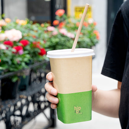 Hip 2 Be Square 16 oz Kraft and Green Paper Hot / Cold Drinking Cup - Single Wall - 3 1/4" x 3 1/4" x 5 1/2" - 25 count box