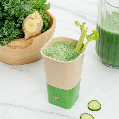 Hip 2 Be Square 16 oz Kraft and Green Paper Hot / Cold Drinking Cup - Single Wall - 3 1/4" x 3 1/4" x 5 1/2" - 25 count box