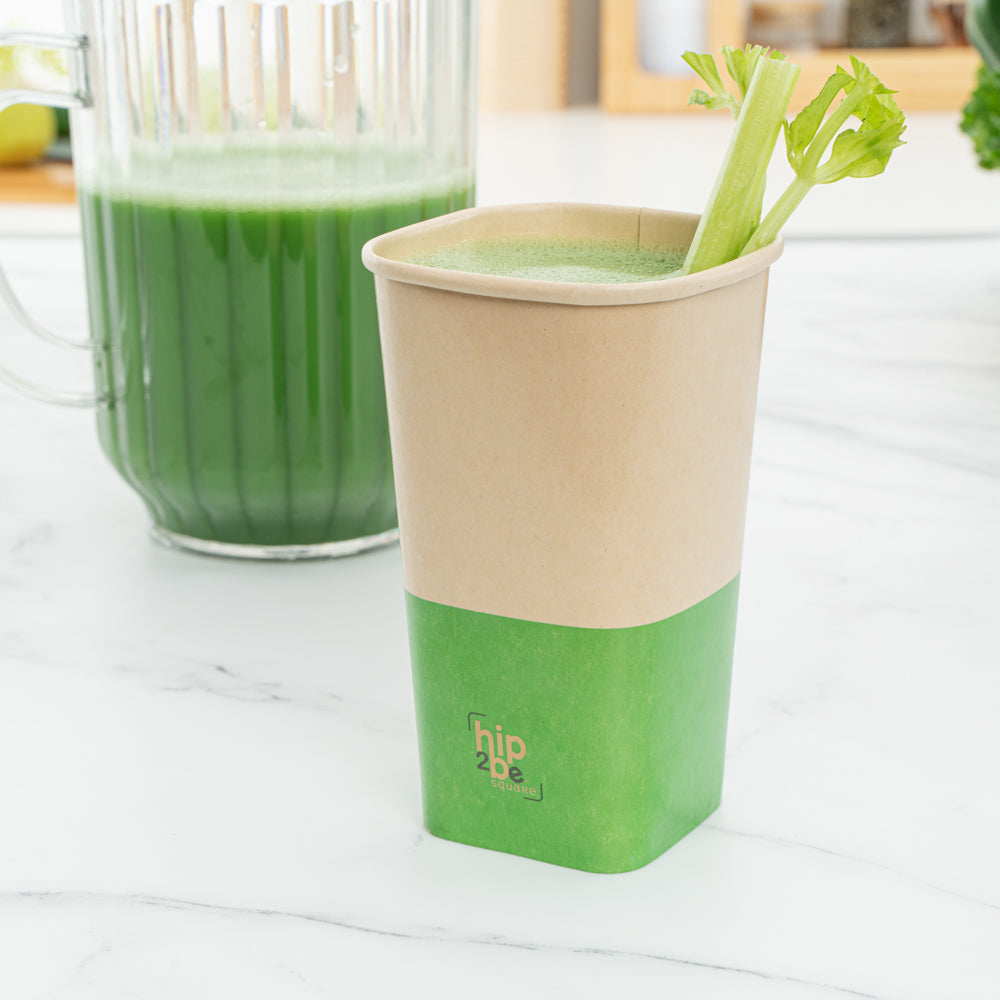 Hip 2 Be Square 16 oz Kraft and Green Paper Hot / Cold Drinking Cup - Single Wall - 3 1/4" x 3 1/4" x 5 1/2" - 25 count box