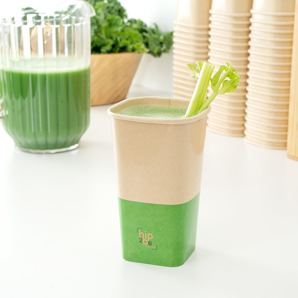 Hip 2 Be Square 16 oz Kraft and Green Paper Hot / Cold Drinking Cup - Single Wall - 3 1/4" x 3 1/4" x 5 1/2" - 25 count box