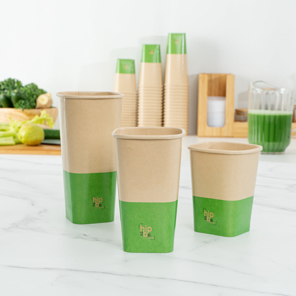 Hip 2 Be Square 16 oz Kraft and Green Paper Hot / Cold Drinking Cup - Single Wall - 3 1/4" x 3 1/4" x 5 1/2" - 25 count box