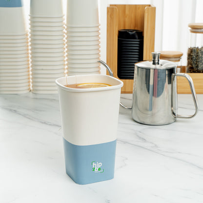 Hip 2 Be Square 16 oz White and Blue Paper Hot / Cold Drinking Cup - Single Wall - 3 1/4" x 3 1/4" x 5 1/2" - 25 count box