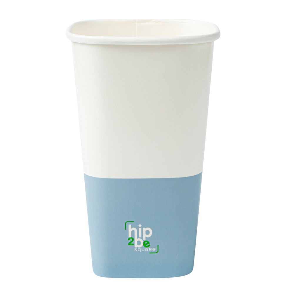 Hip 2 Be Square 16 oz White and Blue Paper Hot / Cold Drinking Cup - Single Wall - 3 1/4" x 3 1/4" x 5 1/2" - 25 count box