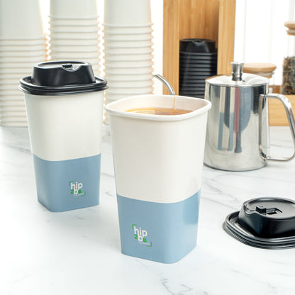 Hip 2 Be Square 16 oz White and Blue Paper Hot / Cold Drinking Cup - Single Wall - 3 1/4" x 3 1/4" x 5 1/2" - 25 count box