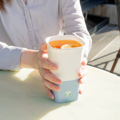 Hip 2 Be Square 16 oz White and Blue Paper Hot / Cold Drinking Cup - Single Wall - 3 1/4" x 3 1/4" x 5 1/2" - 25 count box