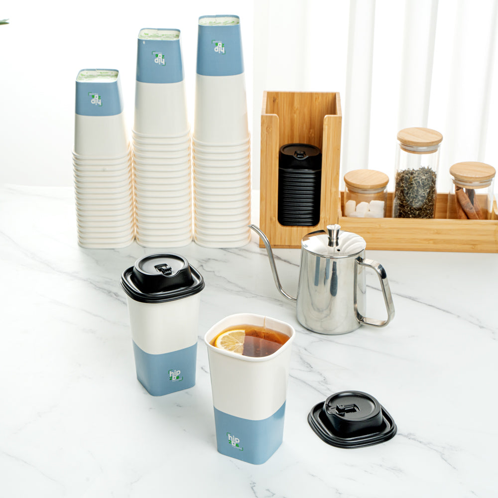 Hip 2 Be Square 16 oz White and Blue Paper Hot / Cold Drinking Cup - Single Wall - 3 1/4" x 3 1/4" x 5 1/2" - 25 count box
