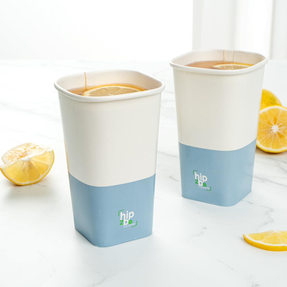 Hip 2 Be Square 16 oz White and Blue Paper Hot / Cold Drinking Cup - Single Wall - 3 1/4" x 3 1/4" x 5 1/2" - 25 count box