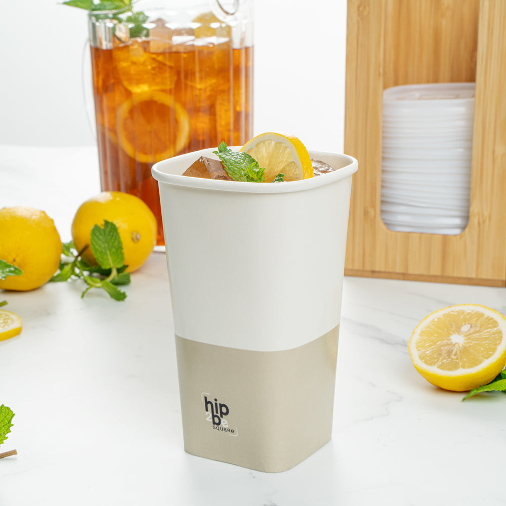 Hip 2 Be Square 16 oz White and Taupe Paper Hot / Cold Drinking Cup - Single Wall - 3 1/4" x 3 1/4" x 5 1/2" - 25 count box