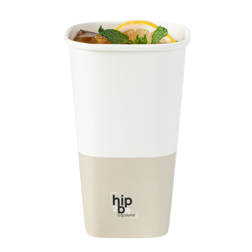 Hip 2 Be Square 16 oz White and Taupe Paper Hot / Cold Drinking Cup - Single Wall - 3 1/4" x 3 1/4" x 5 1/2" - 25 count box
