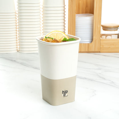 Hip 2 Be Square 16 oz White and Taupe Paper Hot / Cold Drinking Cup - Single Wall - 3 1/4" x 3 1/4" x 5 1/2" - 25 count box