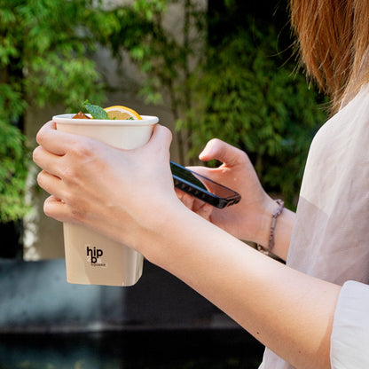 Hip 2 Be Square 16 oz White and Taupe Paper Hot / Cold Drinking Cup - Single Wall - 3 1/4" x 3 1/4" x 5 1/2" - 25 count box