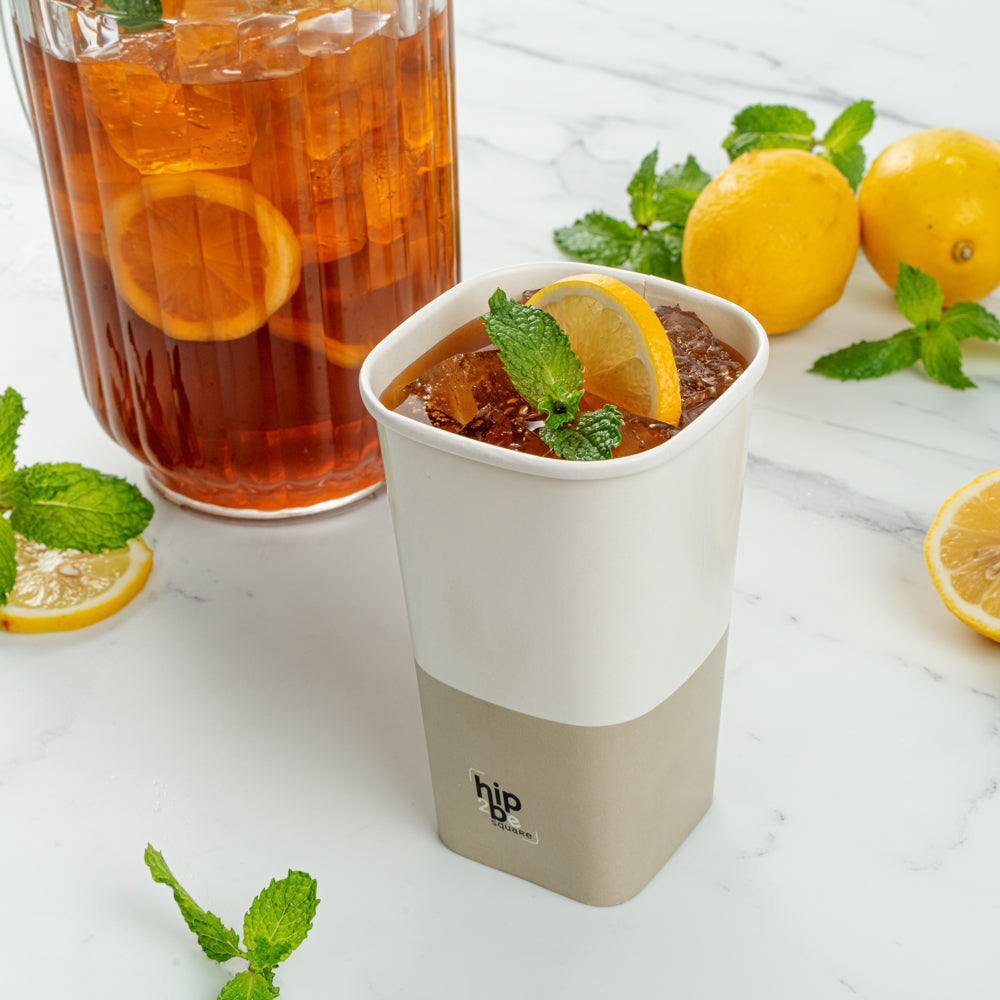 Hip 2 Be Square 16 oz White and Taupe Paper Hot / Cold Drinking Cup - Single Wall - 3 1/4" x 3 1/4" x 5 1/2" - 25 count box