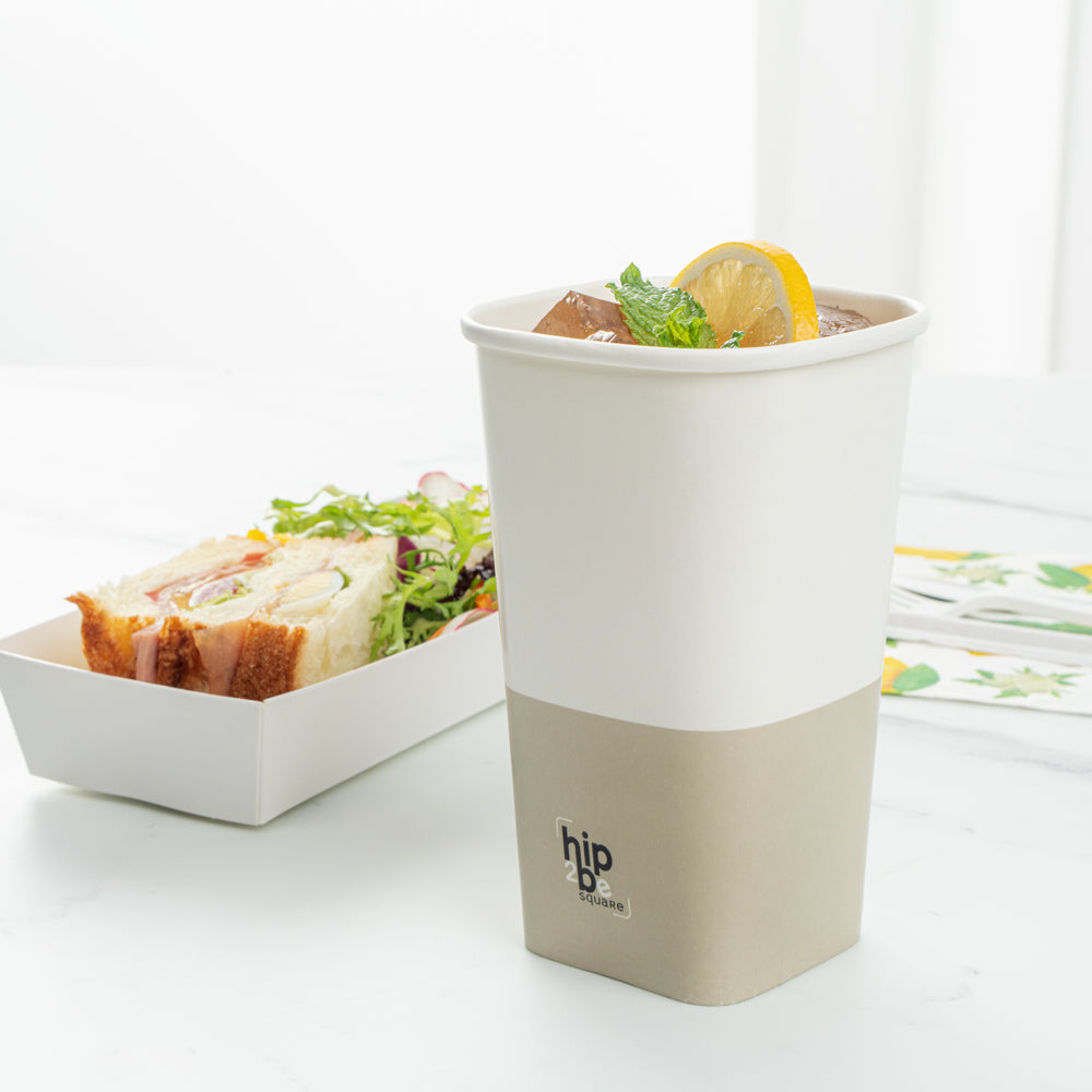 Hip 2 Be Square 16 oz White and Taupe Paper Hot / Cold Drinking Cup - Single Wall - 3 1/4" x 3 1/4" x 5 1/2" - 25 count box
