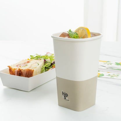 Hip 2 Be Square 16 oz White and Taupe Paper Hot / Cold Drinking Cup - Single Wall - 3 1/4" x 3 1/4" x 5 1/2" - 25 count box