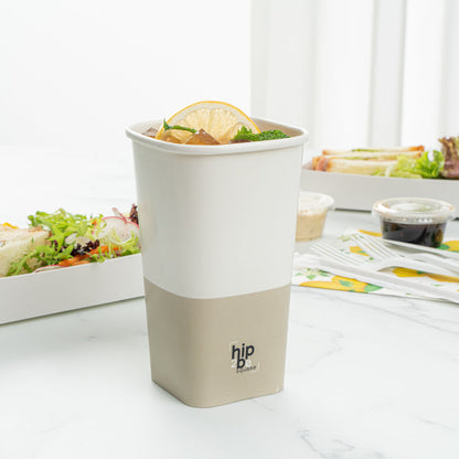 Hip 2 Be Square 16 oz White and Taupe Paper Hot / Cold Drinking Cup - Single Wall - 3 1/4" x 3 1/4" x 5 1/2" - 25 count box