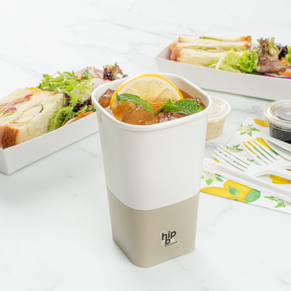 Hip 2 Be Square 16 oz White and Taupe Paper Hot / Cold Drinking Cup - Single Wall - 3 1/4" x 3 1/4" x 5 1/2" - 25 count box