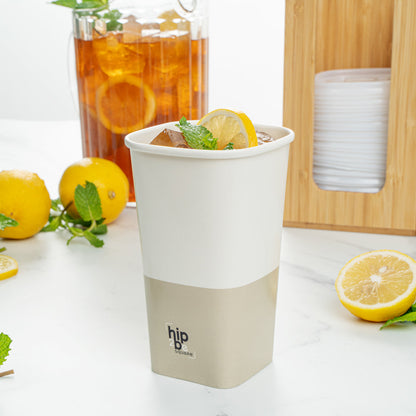 Hip 2 Be Square 16 oz White and Taupe Paper Hot / Cold Drinking Cup - Single Wall - 3 1/4" x 3 1/4" x 5 1/2" - 500 count box