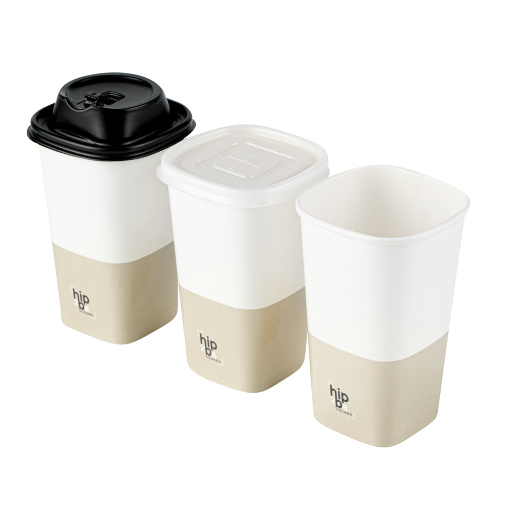 Hip 2 Be Square 16 oz White and Taupe Paper Hot / Cold Drinking Cup - Single Wall - 3 1/4" x 3 1/4" x 5 1/2" - 500 count box