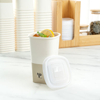 Hip 2 Be Square 16 oz White and Taupe Paper Hot / Cold Drinking Cup - Single Wall - 3 1/4" x 3 1/4" x 5 1/2" - 500 count box
