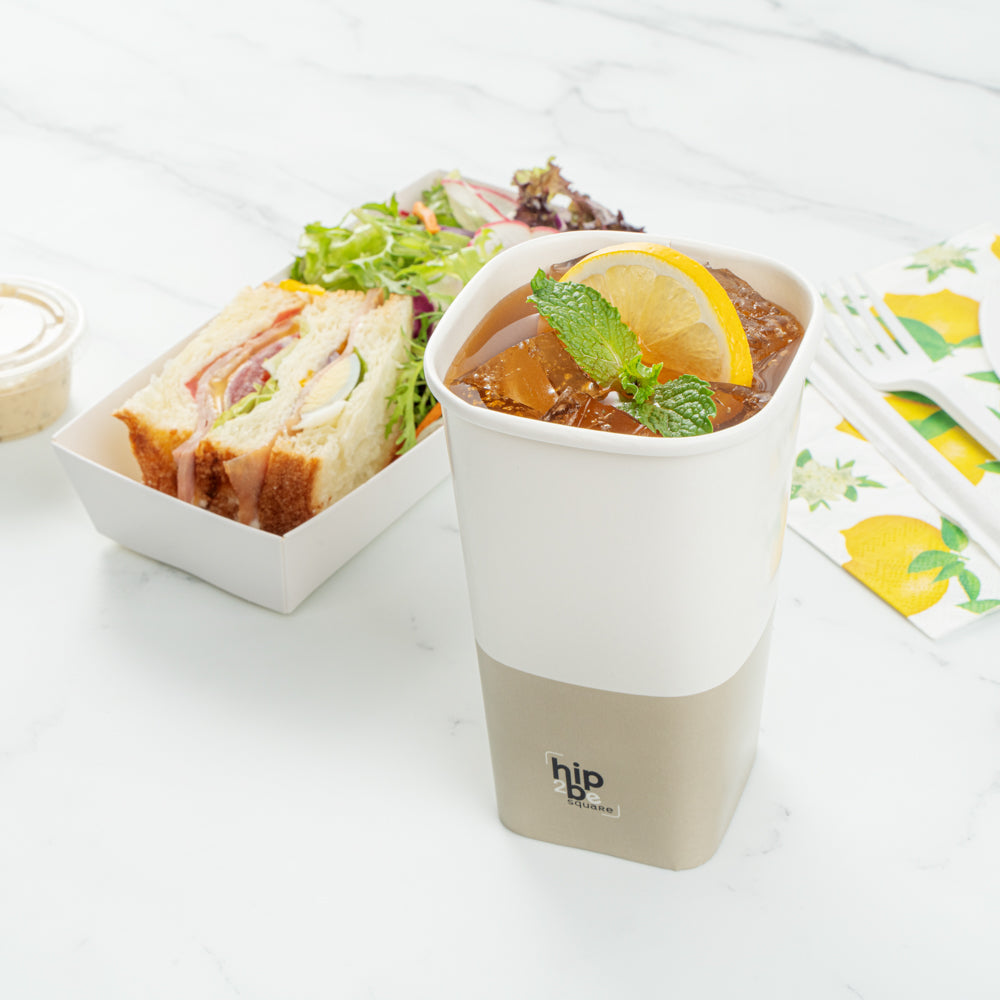 Hip 2 Be Square 16 oz White and Taupe Paper Hot / Cold Drinking Cup - Single Wall - 3 1/4" x 3 1/4" x 5 1/2" - 500 count box